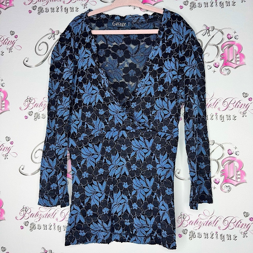 Garage top long sleeve lace blue mesh floral flowers v neck ruffle trim cute